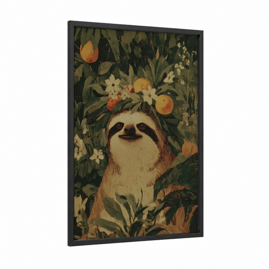 Whimsical Sloth Crown framed art print — black wood frame — sage green and gold palette