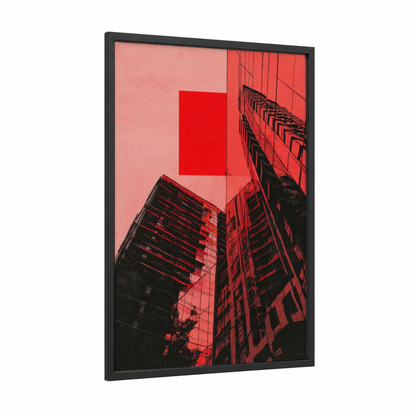 Crimson Geometry framed abstract architecture print — black wood frame — red and black and red palette