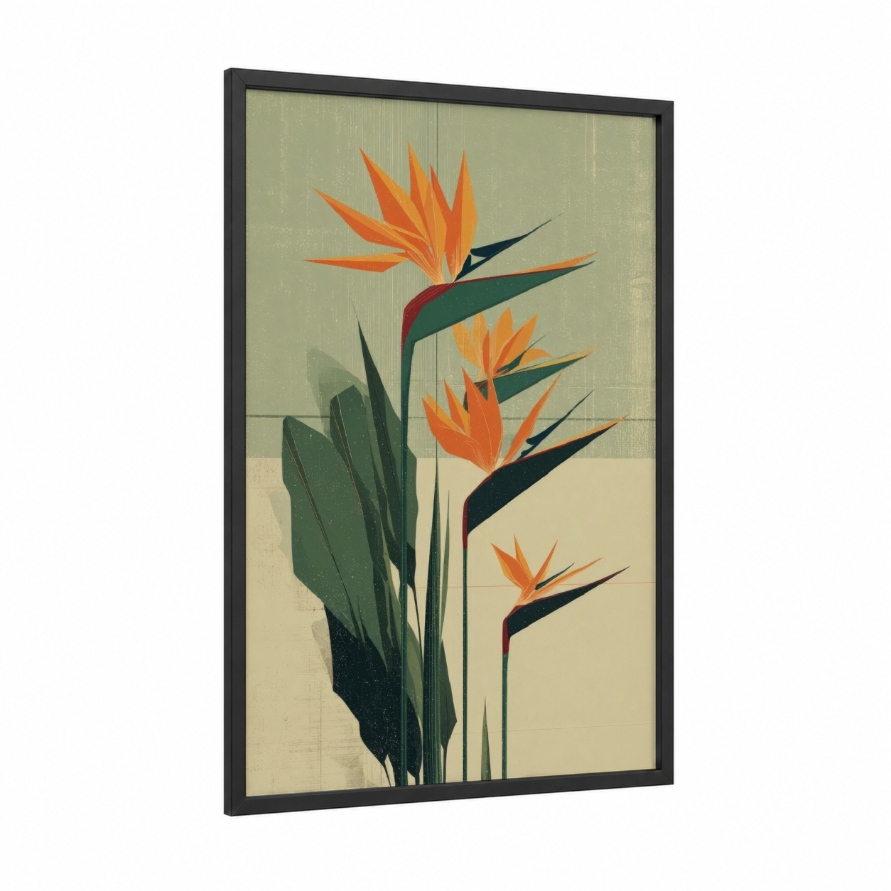 Tropical Bird Paradise framed birds of paradise print — black wood frame — orange and teal palette