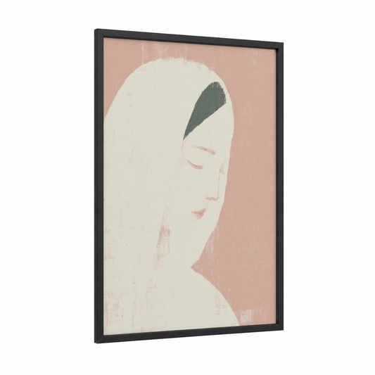 Serene Virgin Mary framed art print — black wood frame — cream and peach palette