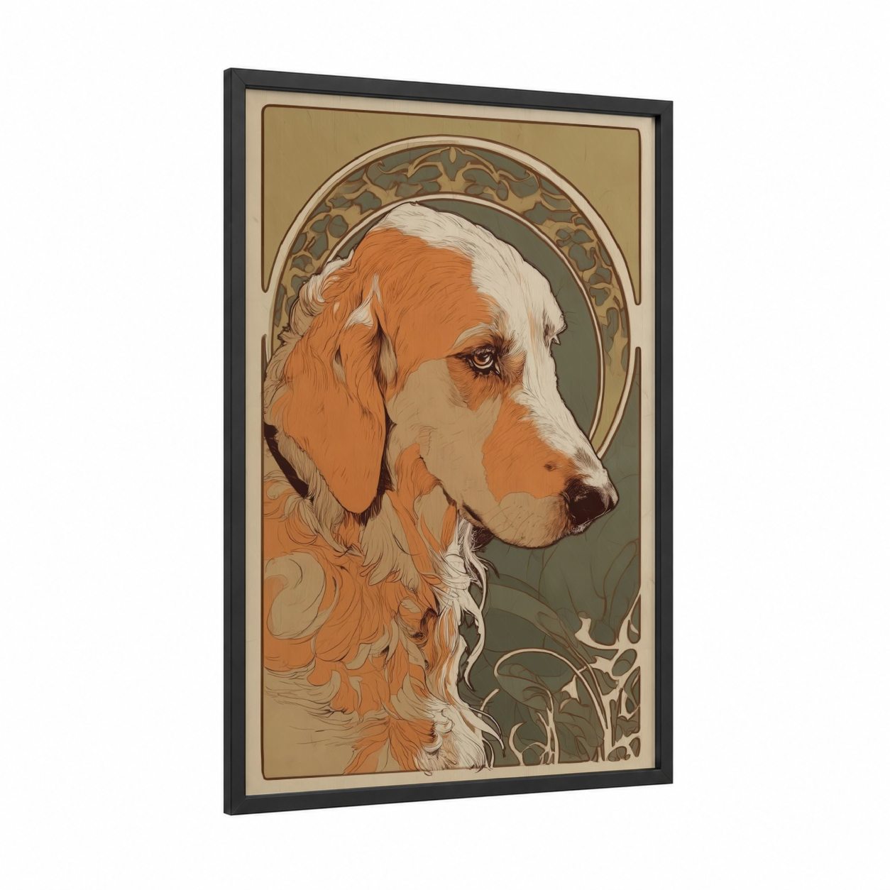 Noble Retriever Profile framed art print — black wood frame — orange and cream palette