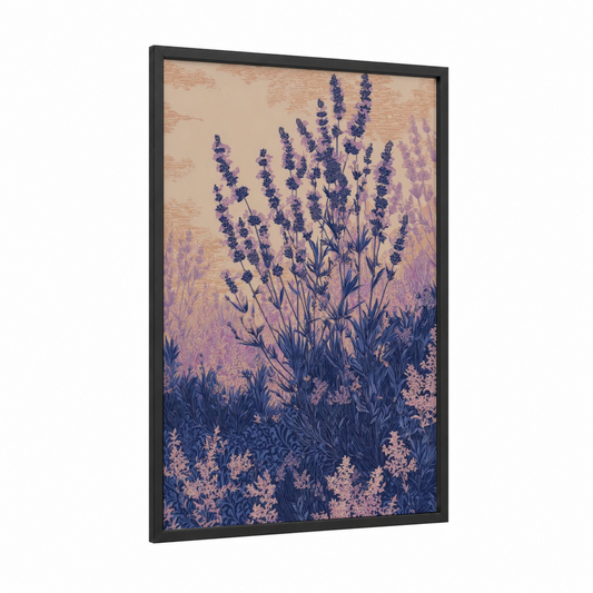 Twilight Lavender Field framed art print — black wood frame — lavender and cream palette