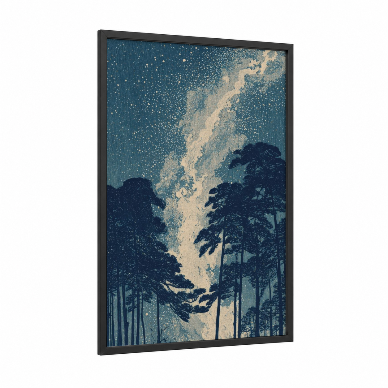 Starlit Forest framed milky way print — black wood frame — blue and gold and white palette