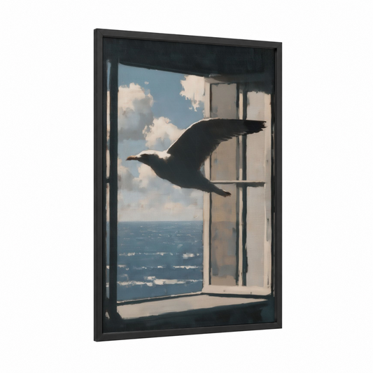 Seagull Flight framed art print — black wood frame — blue and white and gold palette