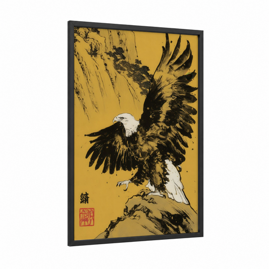 Golden Eagle Launch framed art print — black wood frame — gold and black and white palette