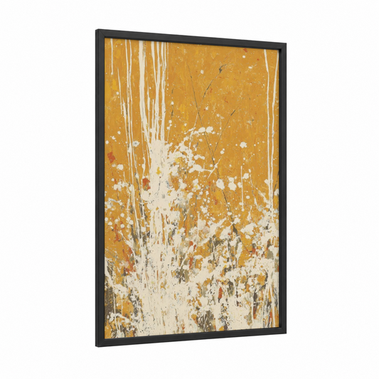 Golden Beer Abstract framed art print — black wood frame — yellow gold and white palette