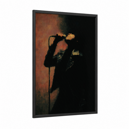 Vintage Rock Silhouette framed rock'n roll print — black wood frame — black and gold and russet palette