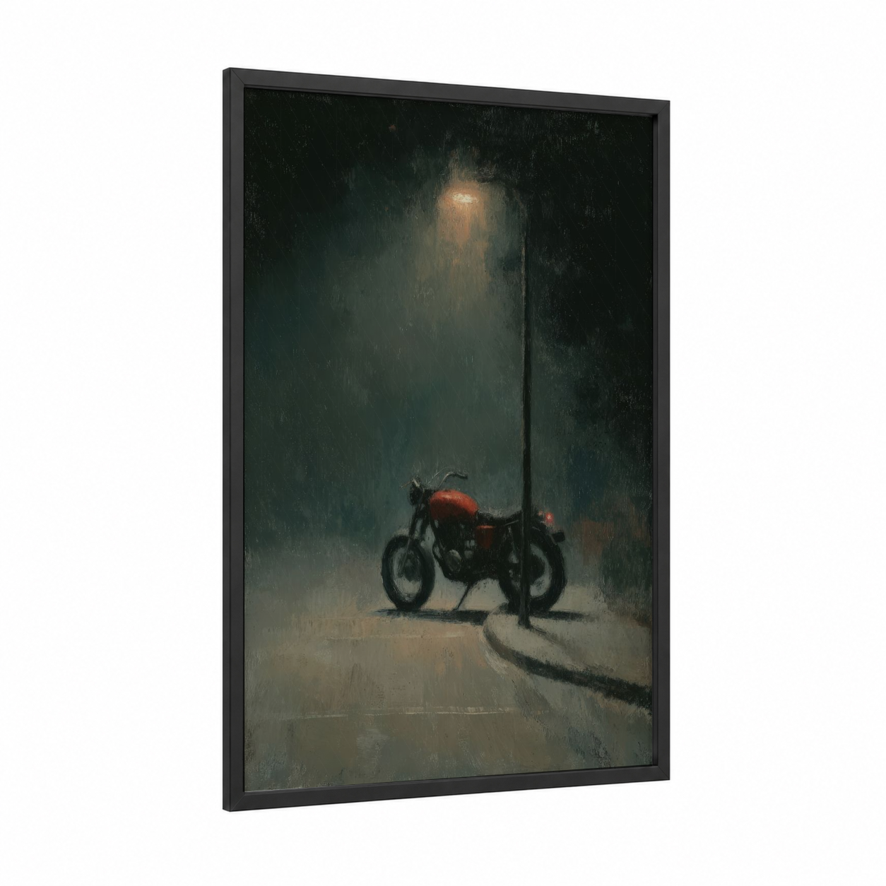 Neon Racer framed vintage motorcycle print — black wood frame — black and gold and gray palette