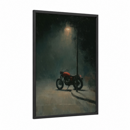 Neon Racer framed vintage motorcycle print — black wood frame — black and gold and gray palette