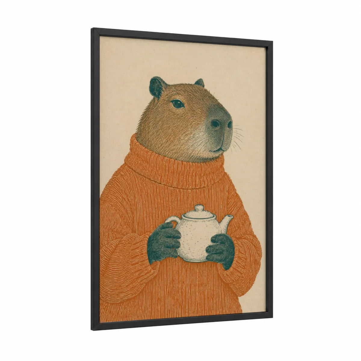 Capybara in Orange Sweater Wall Art framed animals print — black wood frame — orange and beige palette