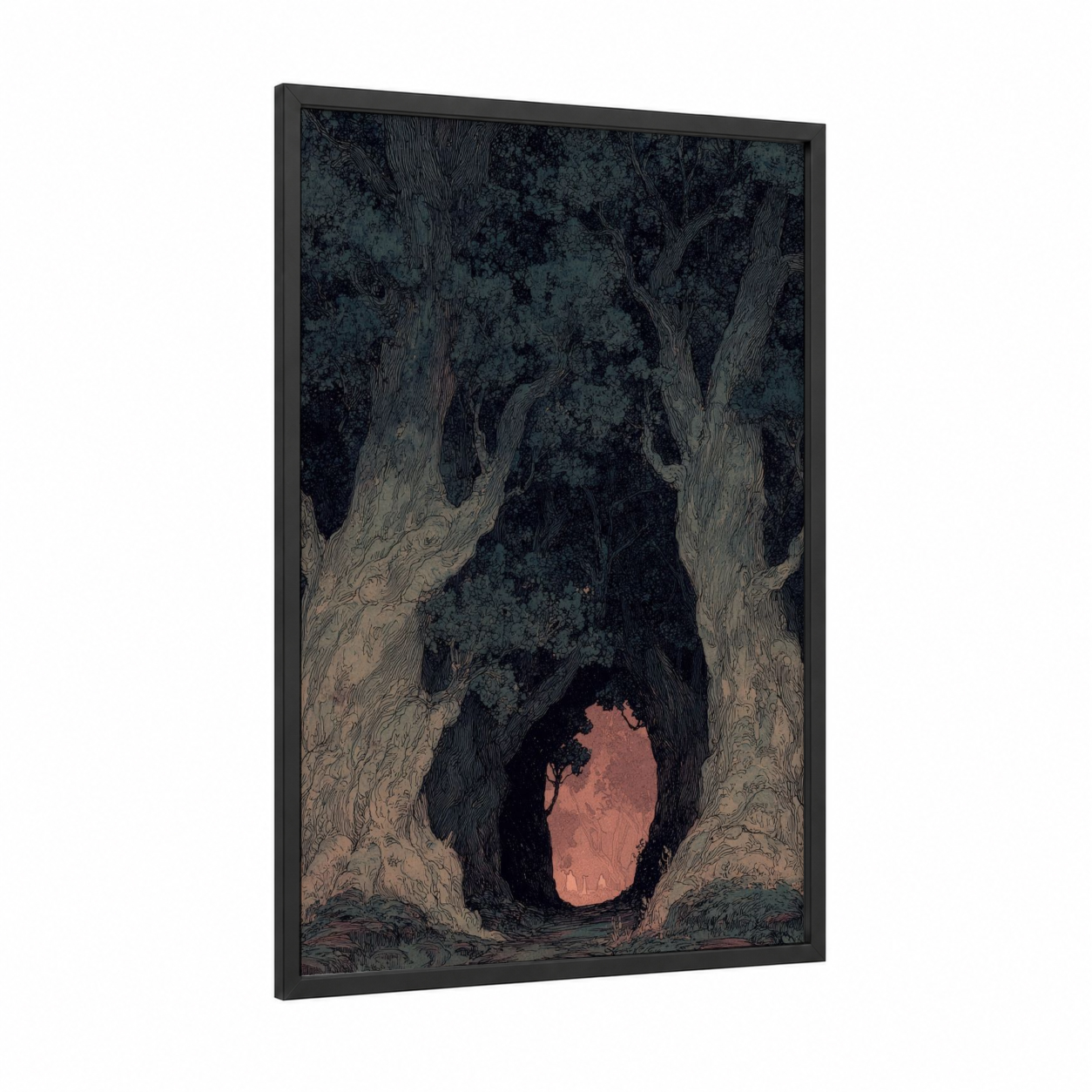 Ancient Gateway framed art print — black wood frame — dark blue and peach palette
