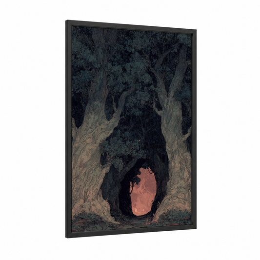 Ancient Gateway framed art print — black wood frame — dark blue and peach palette