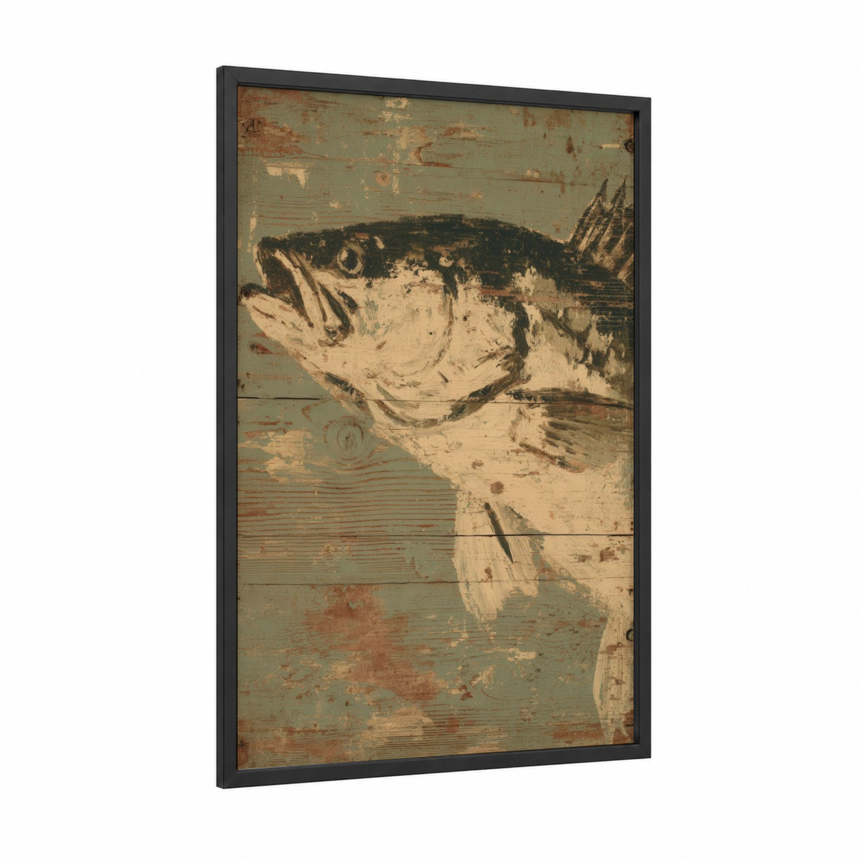 Weathered Snook framed art print — black wood frame — cream and dove gray palette