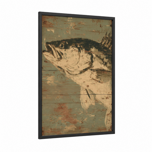 Weathered Snook framed art print — black wood frame — cream and dove gray palette