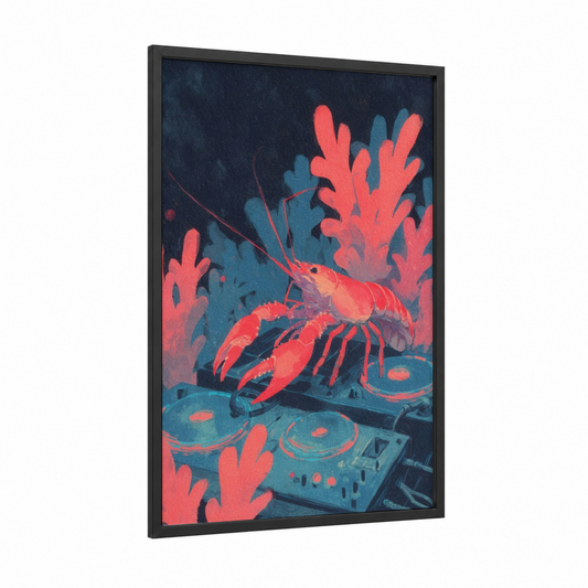 Neon Crayfish framed art print — black wood frame — red and dark blue palette