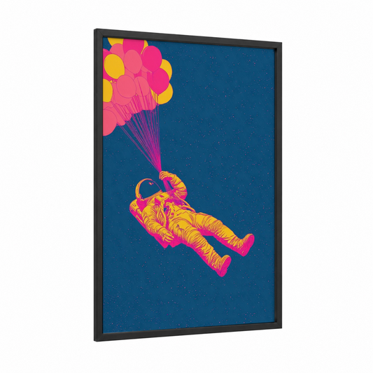 Floating Dreamer framed astronaut print — black wood frame — blue and magenta palette