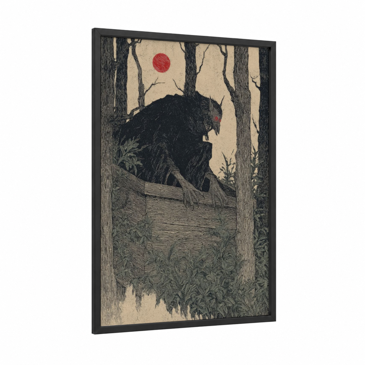 Forest Vampire framed art print — black wood frame — black and white and red palette