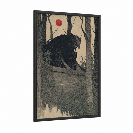 Forest Vampire framed art print — black wood frame — black and white and red palette