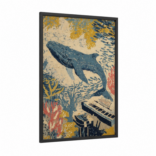 Cosmic Whale framed blue whale print — black wood frame — dark blue and yellow gold palette