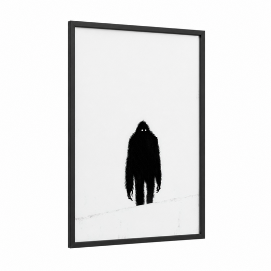 Snowy Yeti framed art print — black wood frame — black and white palette