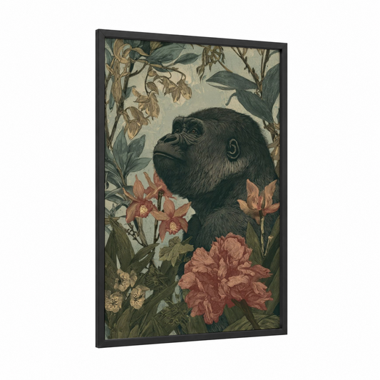 Contemplative Gorilla framed art print — black wood frame — brown and sage green palette