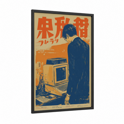Retro Tech Operator framed vintage japanese ads print — black wood frame — orange and dark blue palette