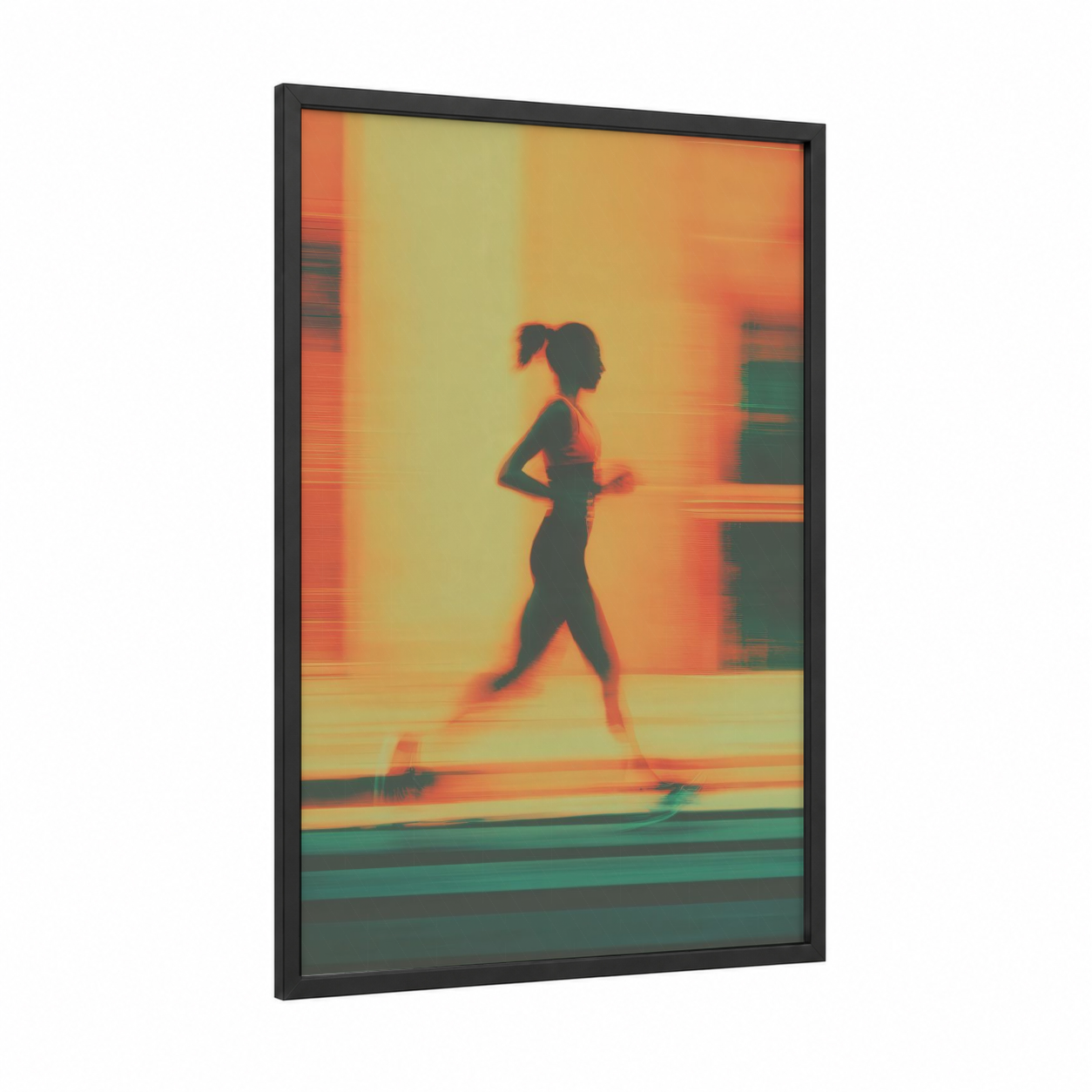 Neon Runner framed track and field print — black wood frame — orange and teal palette