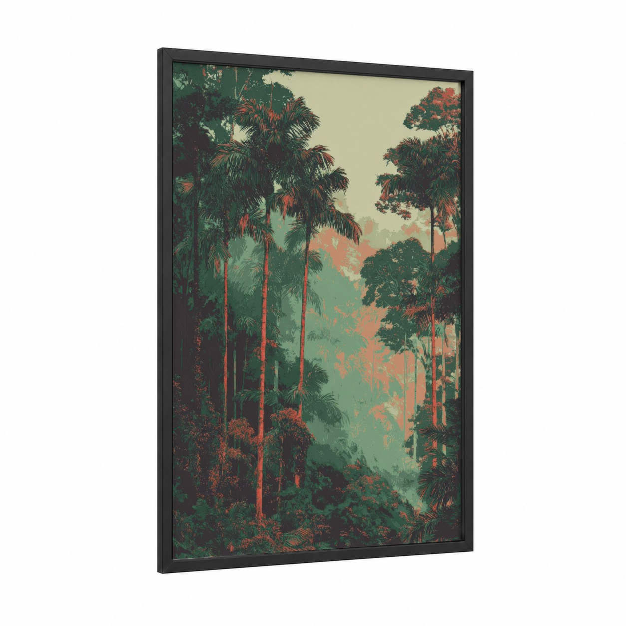 Misty Palm Forest framed art print — black wood frame — sage green and peach palette