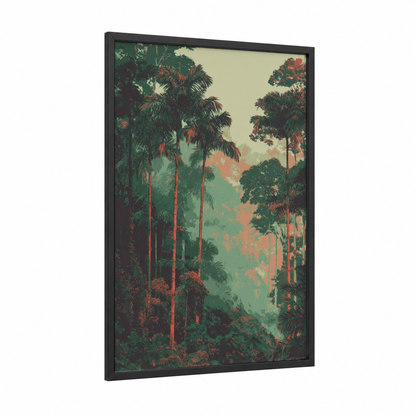 Misty Palm Forest framed art print — black wood frame — sage green and peach palette