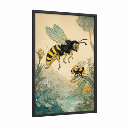 Garden Wasps framed art print — black wood frame — cream and sage green palette