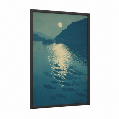Moonlit Tuna School framed art print — black wood frame — teal and blue and gold palette