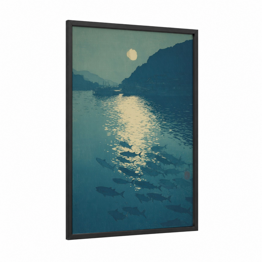 Moonlit Tuna School framed art print — black wood frame — teal and blue and gold palette