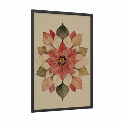 Crimson Poinsettia Mandala framed poinsettias print — black wood frame — red and sage green palette