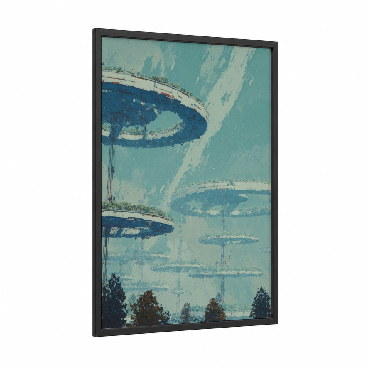 Orbital Stations framed sci-fi print — black wood frame — teal and blue palette