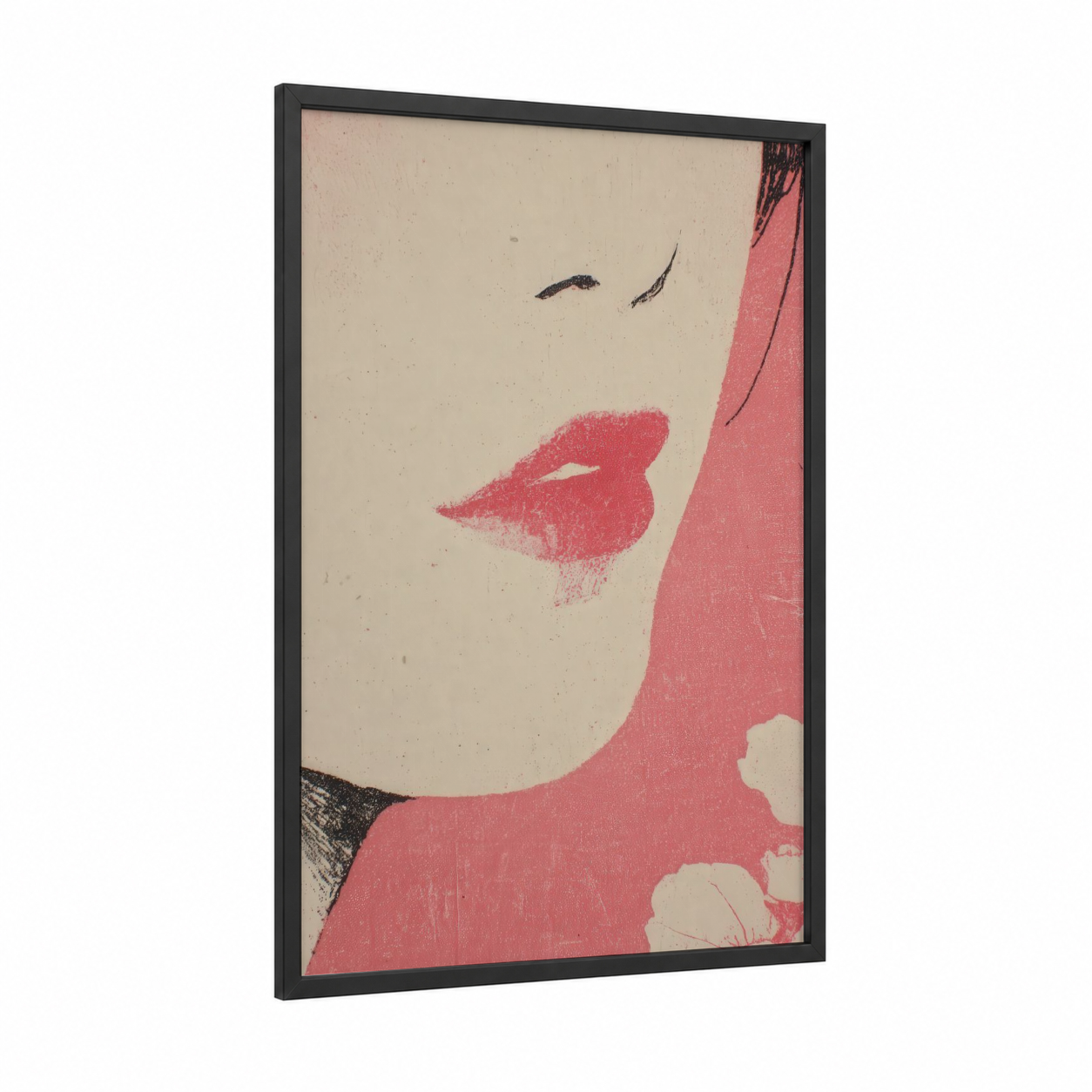 Crimson Lip Portrait framed art print — black wood frame — salmon pink and cream palette
