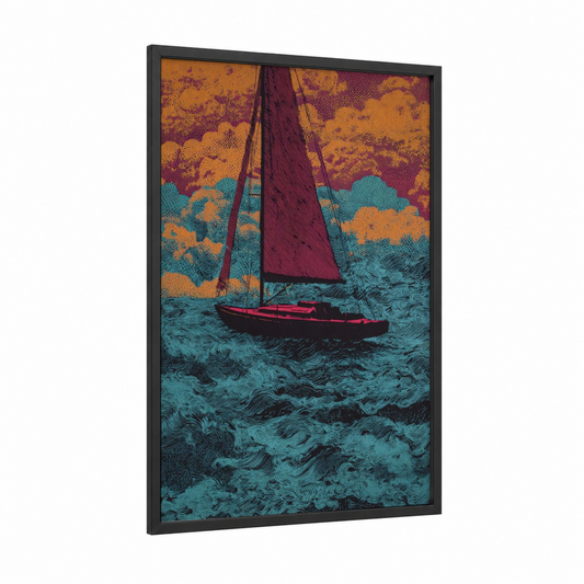 Crimson Sailing Voyage framed sailing ship print — black wood frame — teal palette