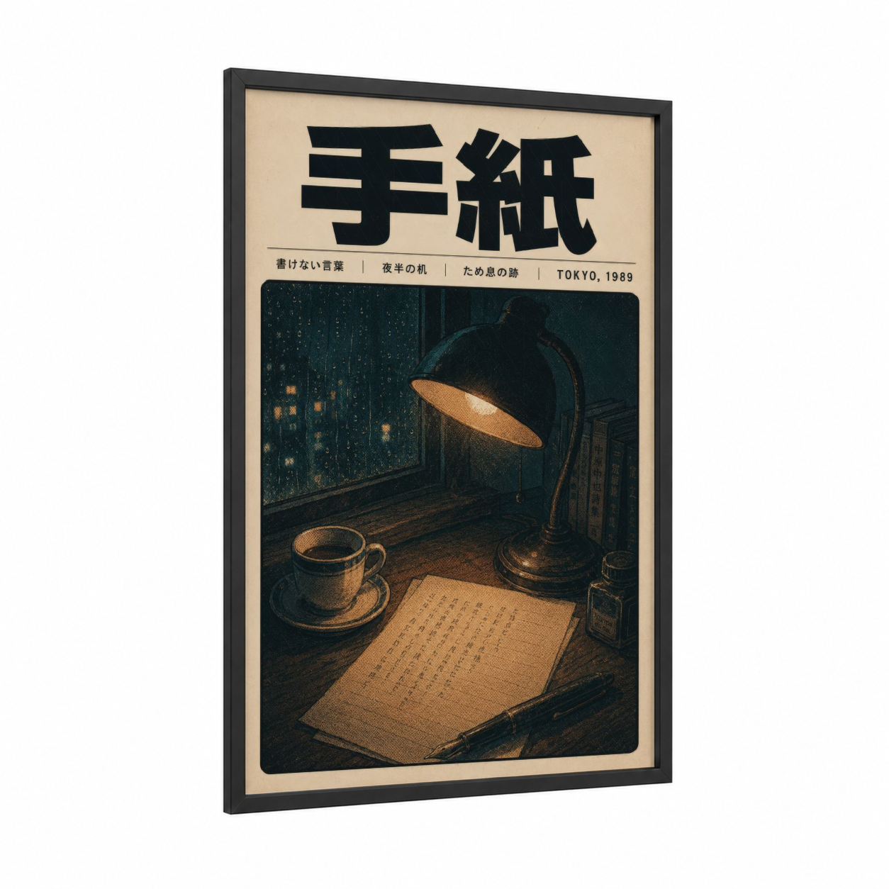Japanese Vintage Coffee Scene Wall Art framed art print — black wood frame — espresso and champagne gold palette