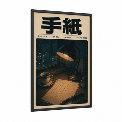 Japanese Vintage Coffee Scene Wall Art framed art print — black wood frame — espresso and champagne gold palette