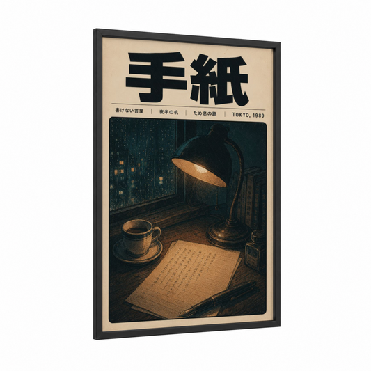 Japanese Vintage Coffee Scene Wall Art framed art print — black wood frame — espresso and champagne gold palette