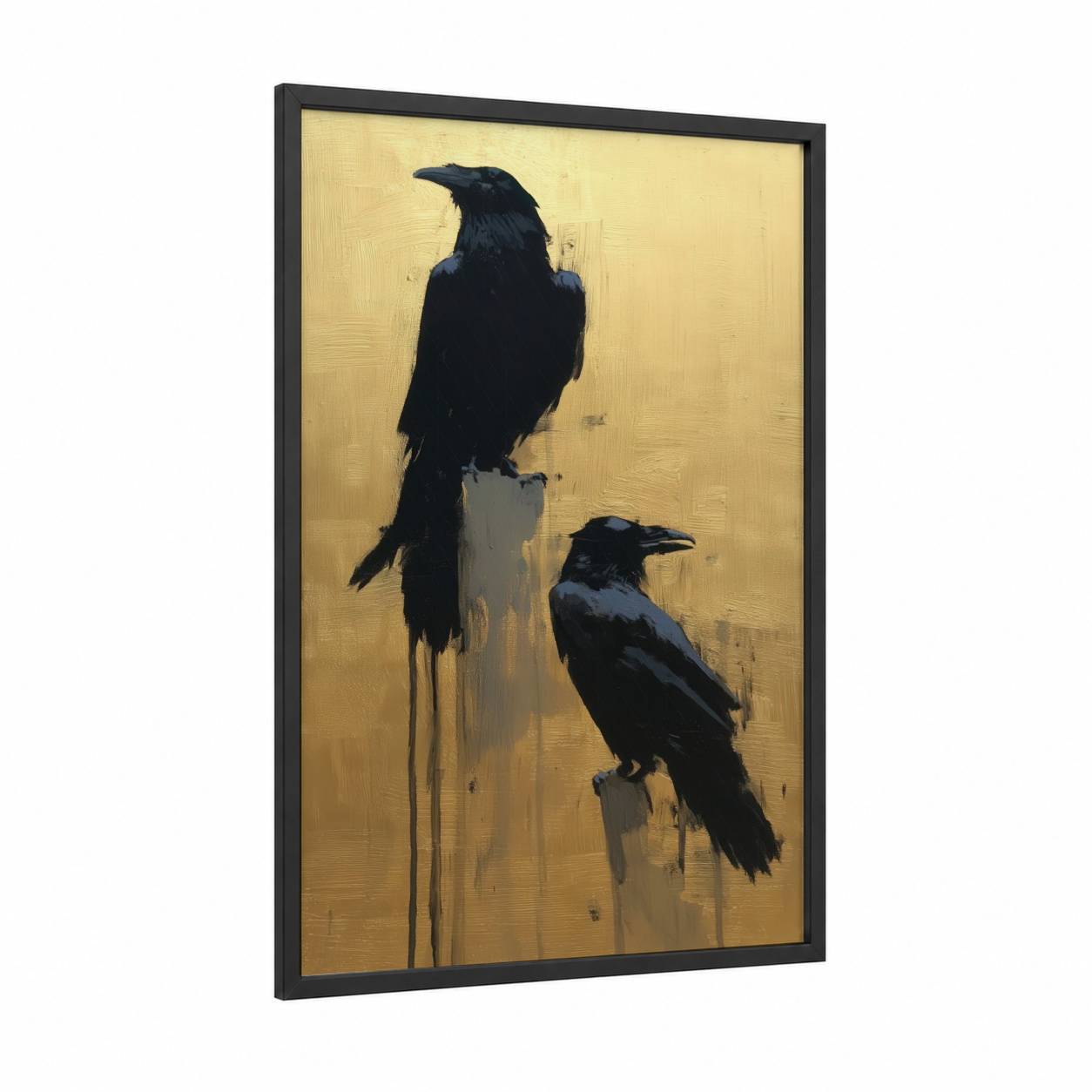 Golden Perch Ravens framed crows and ravens print — black wood frame — gold and black palette