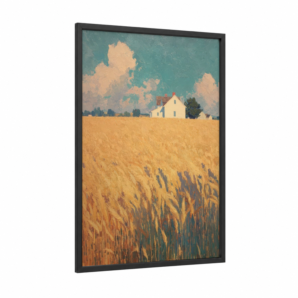 Golden Farm Homestead framed art print — black wood frame — gold and teal palette