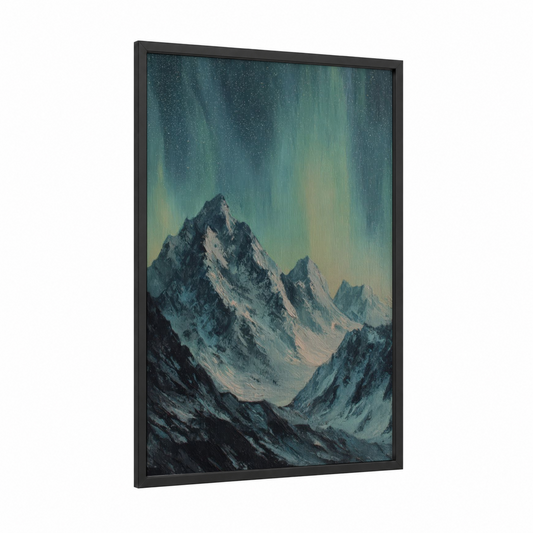 Aurora Glacier framed art print — black wood frame — teal and white palette
