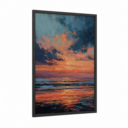 Tempest Sunset framed storm print — black wood frame — orange and dark blue palette