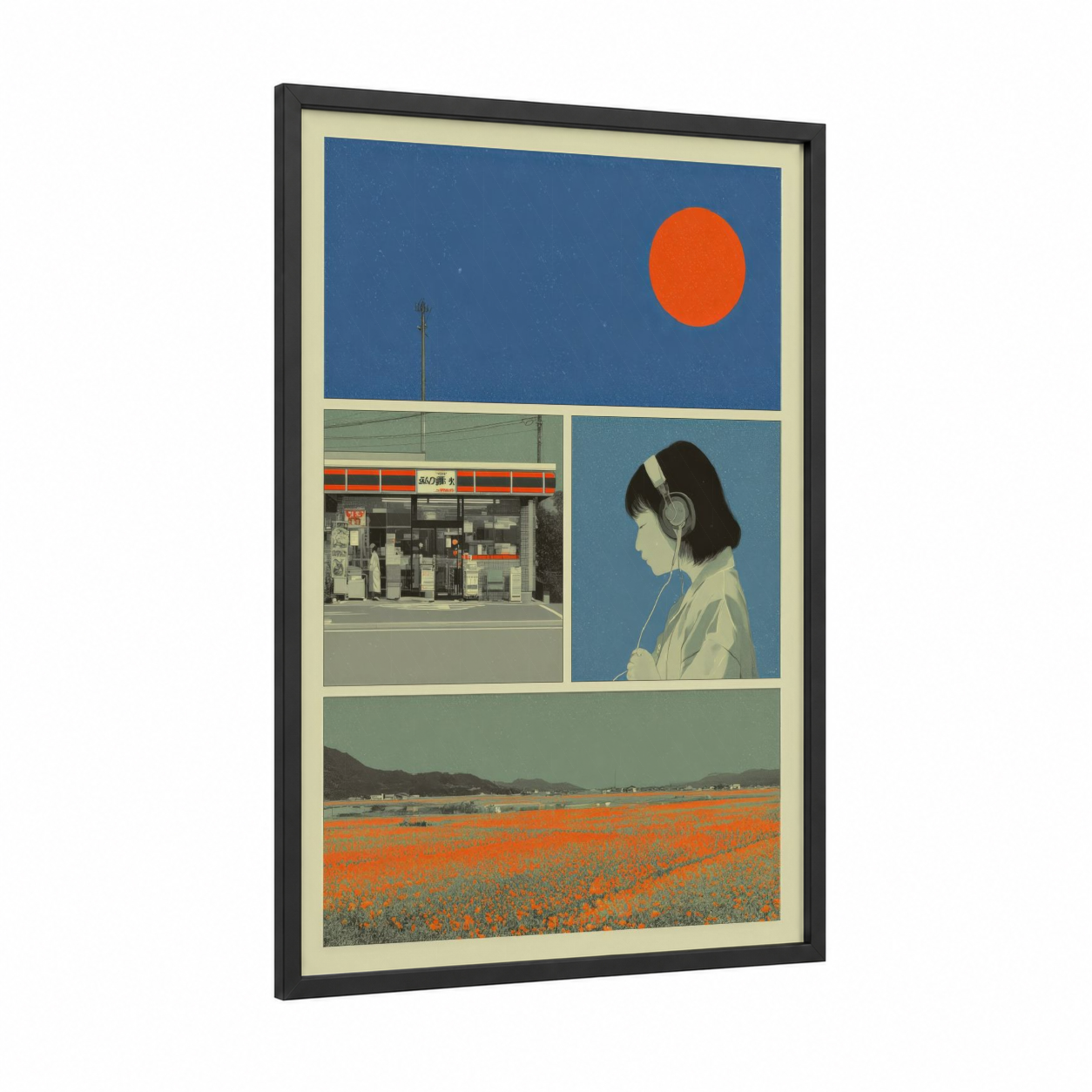 Tokyo Dreamer framed japanese y2k print — black wood frame — blue and orange palette
