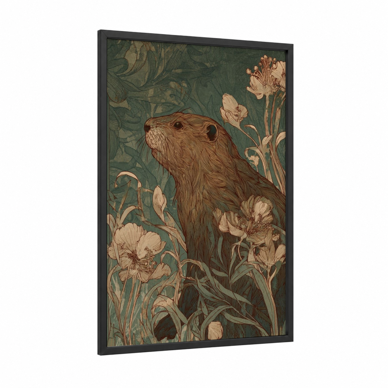 Garden Beaver framed art print — black wood frame — dark green and cream palette