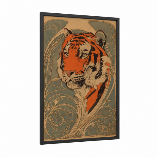 Ornamental Tiger framed art print — black wood frame — orange and sage green palette