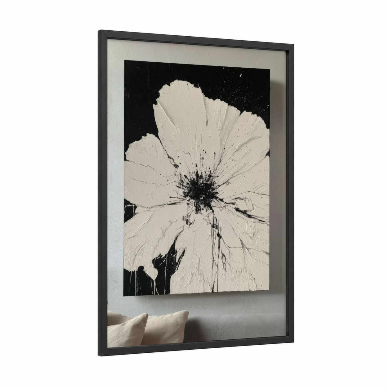 Monochrome Cosmos framed abstract flower print — black wood frame — black and white palette