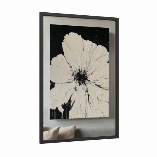 Monochrome Cosmos framed abstract flower print — black wood frame — black and white palette