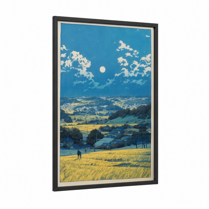 Moonlit Countryside framed various landscapes print — black wood frame — blue and yellow gold palette