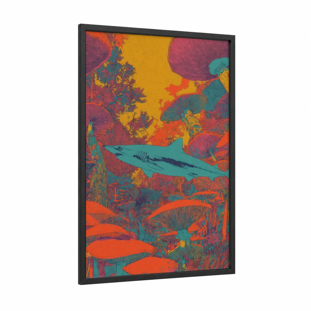 Turquoise Wahoo framed art print — black wood frame — turquoise and orange palette
